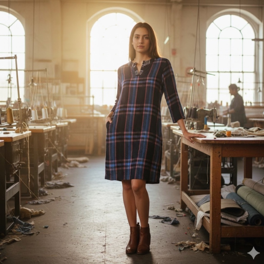 ace & jig Plaid Midi Dress S Navy 3/4 Sleeve Pockets Minimalist Indie Academia